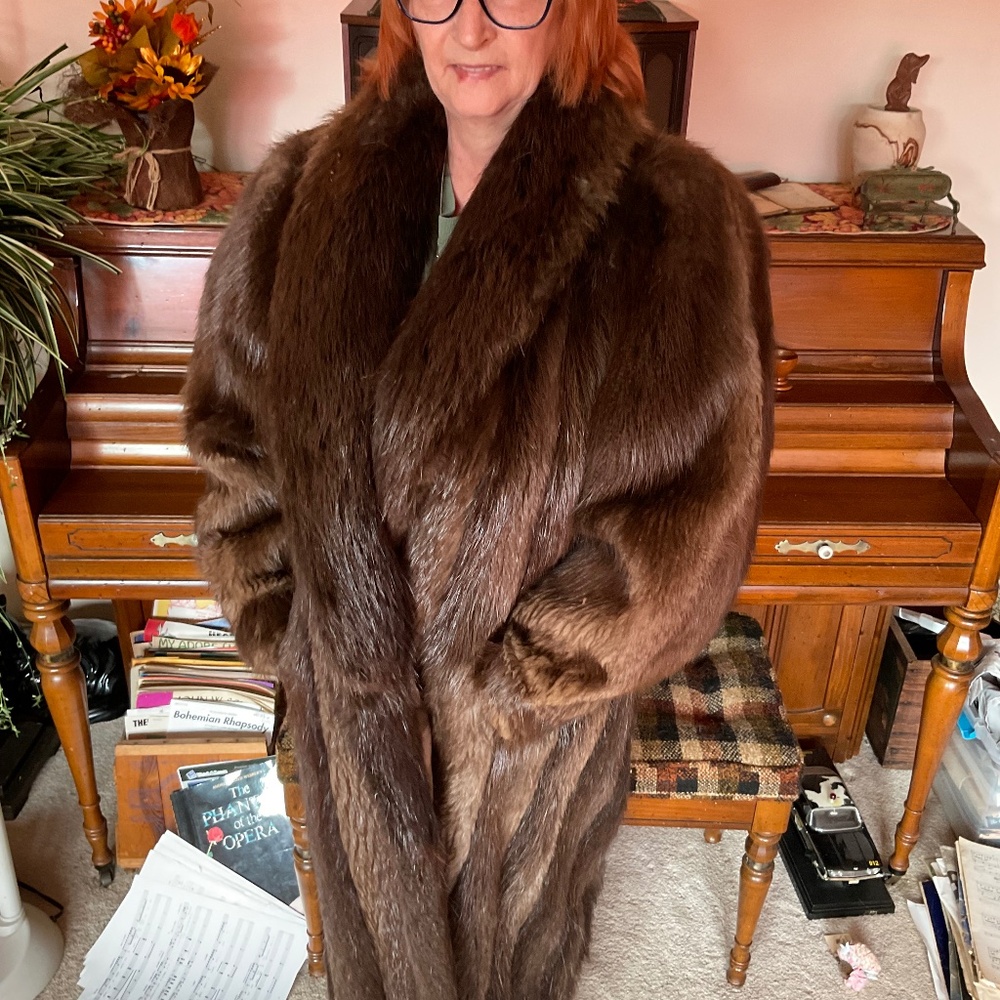 Brown long haired beaver full length coat. Size 8